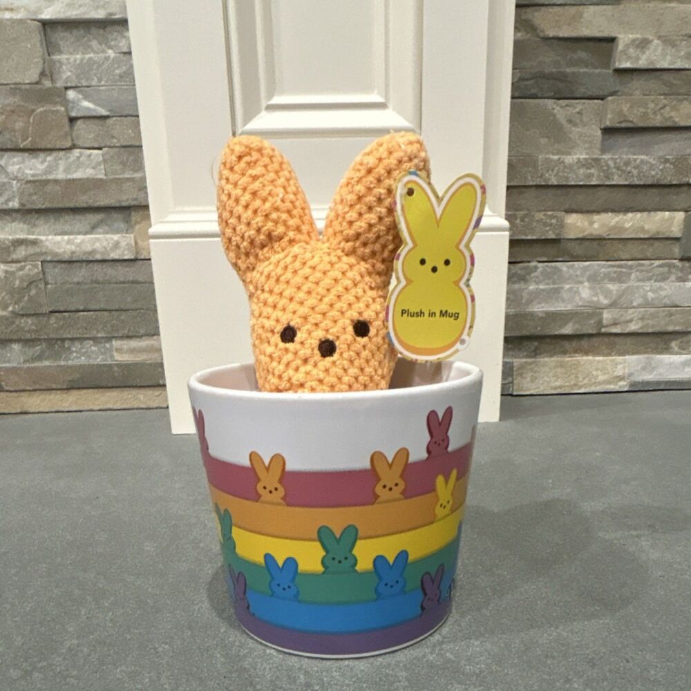Blue Peeps Bunny Plush inside Rainbow Ceramic Mug